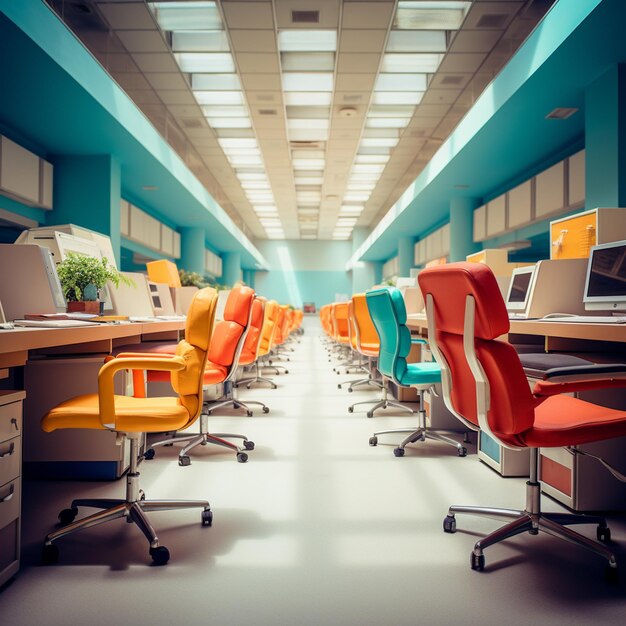 Photo in a colorful office desks and chairs are neatly arranged but there is nobody in sight