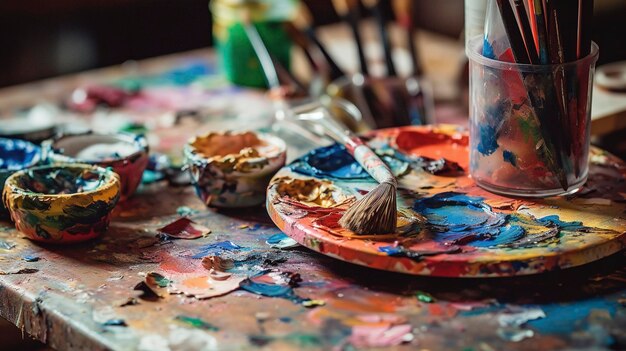 A Photo of Colorful Paintbrushes and Palette on a Table