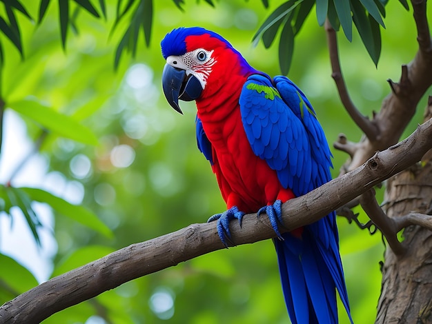 Photo colorful parrots bird on nature background red and blue marcaw on the branches