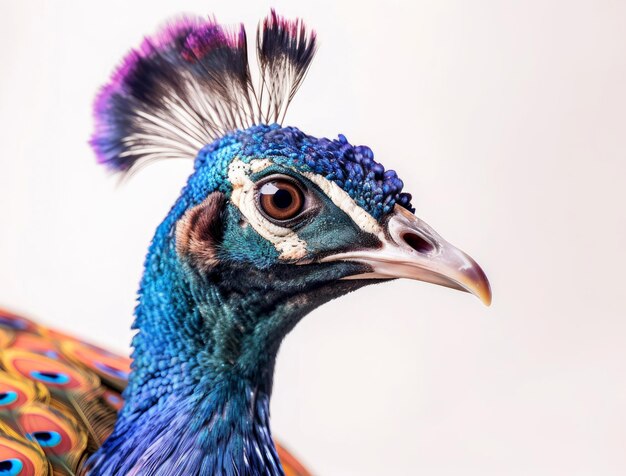 Photo of a colorful peacock on a white background