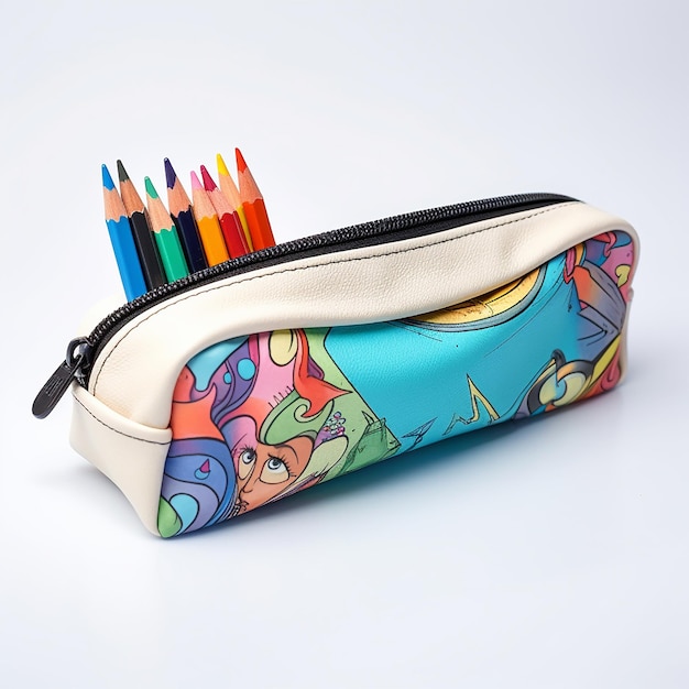 Photo of colorful pencils with open pencil case