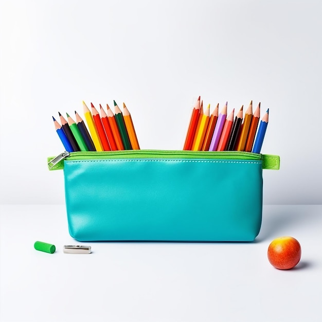 Photo of colorful pencils with open pencil case
