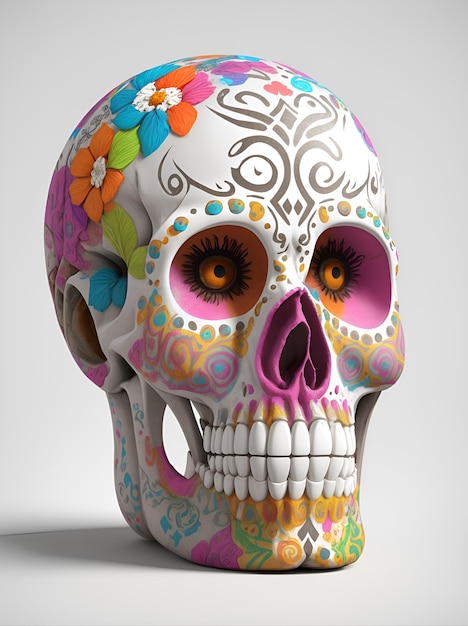 Photo of a colorful skull with flowers on its head