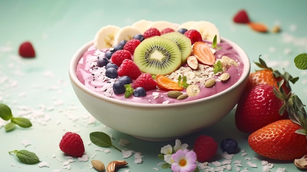 Photo a photo of a colorful smoothie bowl with nutritious toppings