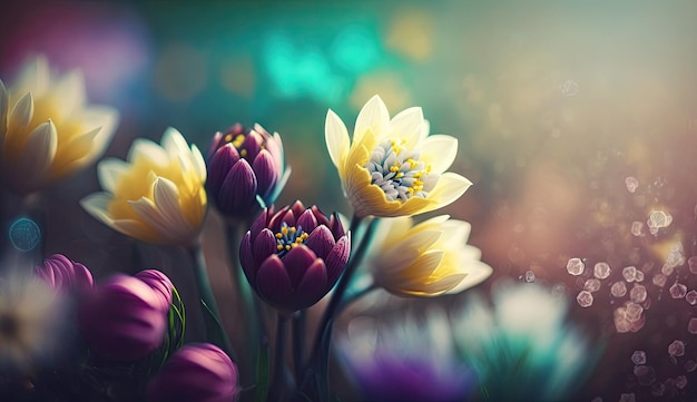 写真のカラフルな春の花の背景がぼやけてボケ効果