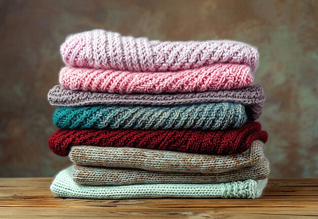 Photo of colorful stack of neat and tidy folded clothes and towels laundry clothes