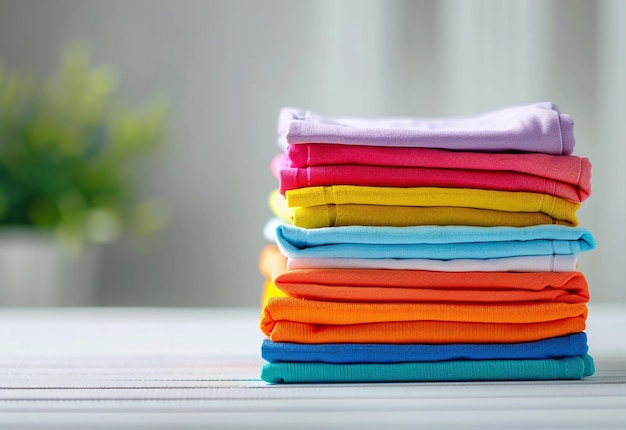 Photo photo of colorful stack of neat and tidy folded clothes and towels laundry clothes