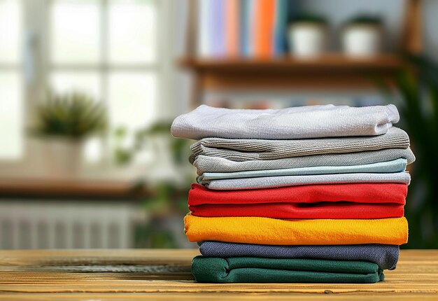 Photo photo of colorful stack of neat and tidy folded clothes and towels laundry clothes