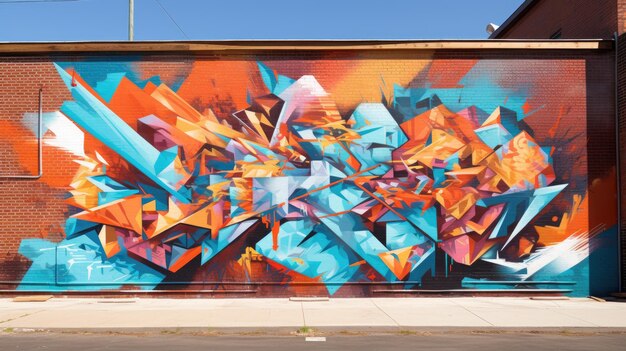 A photo of a colorful street art mural brick wall