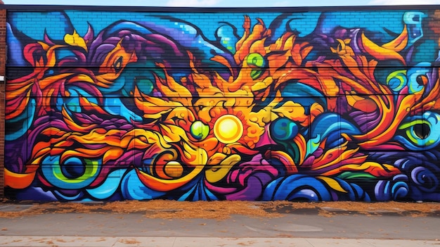 A photo of a colorful street art mural brick wall
