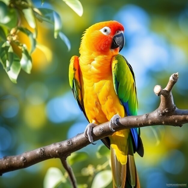 Photo colorful of sun parakeet or sun conure parrot perched on a branch