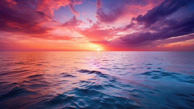 A photo of a colorful sunset over a calm ocean vibrant sky