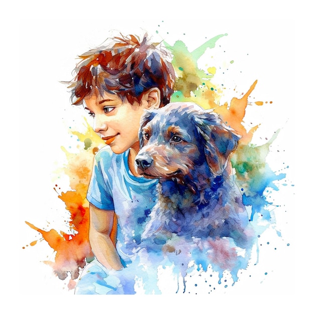 Photo a colorful watercolor friendship greeting a cute boy with a dog on white background