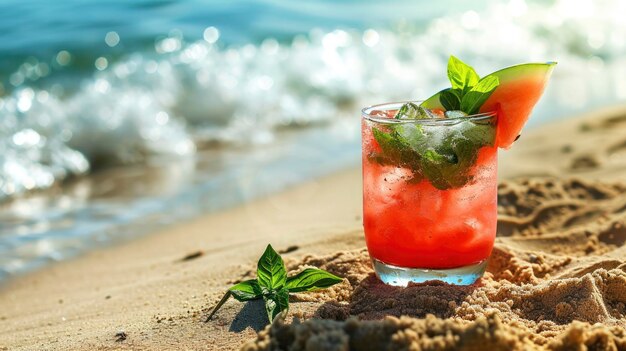 a photo of a colorful watermelon mojito with mint and basil leaves on the beach in the sand