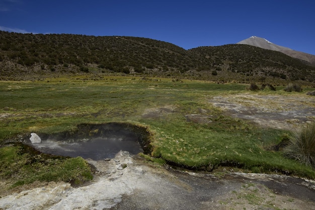 南米ボリビアのサハマ国立公園の荒野にある色とりどりの川の水の写真