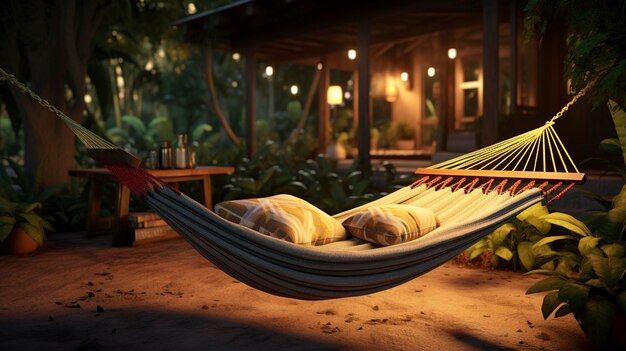 A photo of a comfortable hammock in a backyard