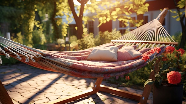 A photo of a comfortable hammock in a backyard