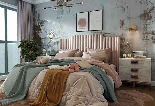 エレガントなインテリアアーキテクチャの快適な近代的な寝室デザインの写真