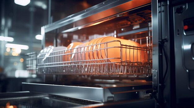 A photo of a commercial dishwasher in action
