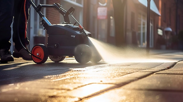 A photo of a commercial power washer cleaning sidewalks