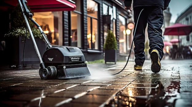 A photo of a commercial power washer cleaning sidewalks