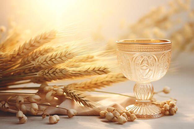 Photo photo of communion chalice and bread on a lace tablecloth decoration easter palm good friday art