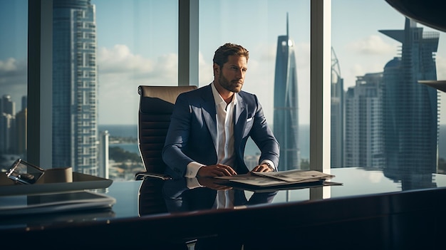 Photo of a company CEO sitting on a desk