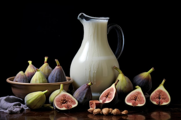 Photo of a composition of figs and dates arranged around a jug of creamy milk Generative AI