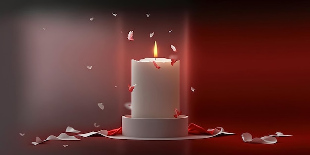 Photo composition with burning candle flying butterflies ribbon petals and red background