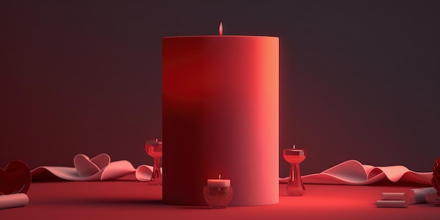 Photo composition with burning candle ribbon on a red background with soft light