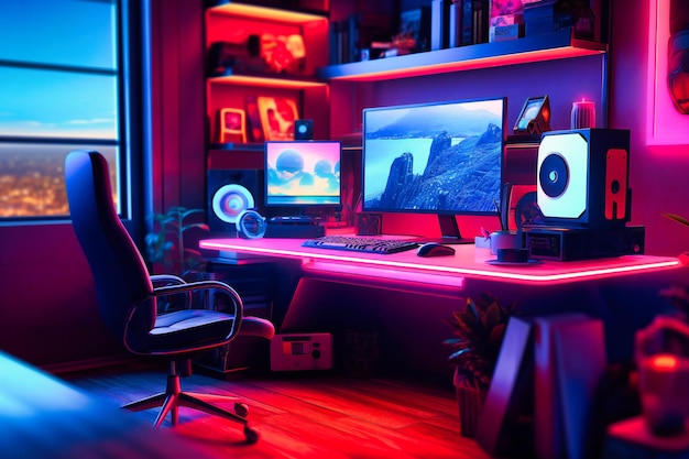 A photo of a computer desk with blue and pink lights rigged up