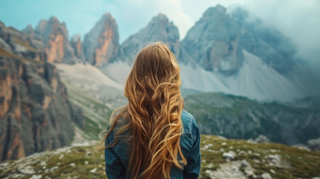 Photo concept showcasing a girls closeup in mountainous terrain her hair swaying in the breeze as she admires the rugged beauty of the peaks Generative AI