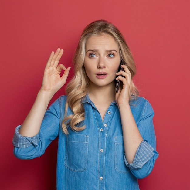 Фото обеспокоенной молодой блондинки вокруг шеи разговаривает по телефону делает упс жест