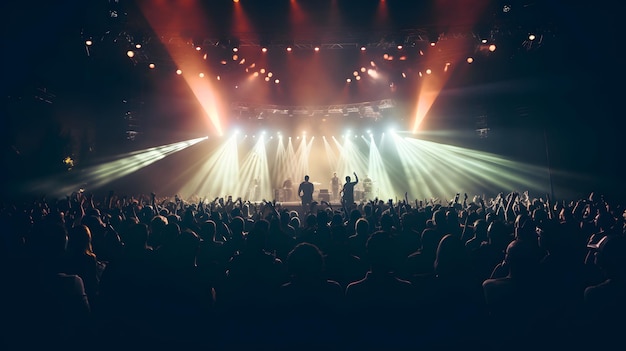 スポットライトで照らされた大きなステージの前で拍手する人々のシルエットのコンサートホールの写真