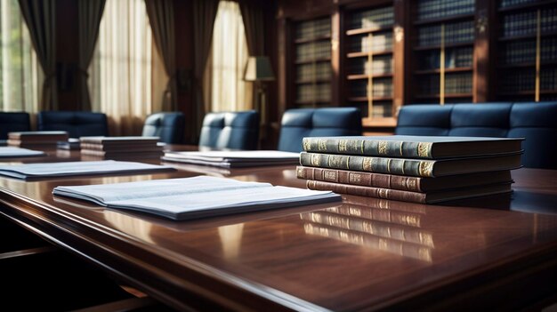 A photo of a conference room table with legal papers