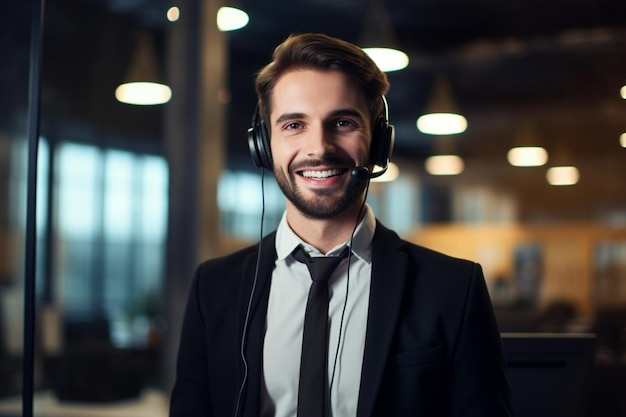 Photo photo confident call center operator talking with client