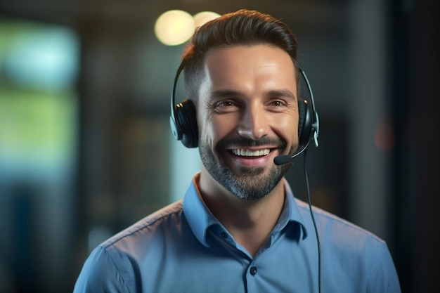 photo confident call center operator talking with client