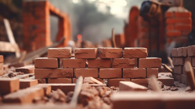 A photo of a construction site with a focus on brick