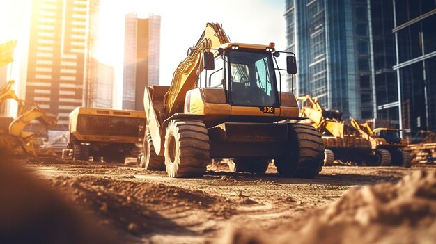 A photo of a construction site with a focus on heavy machinery