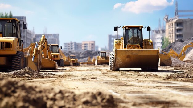 A photo of a construction site with a row of bulldozer