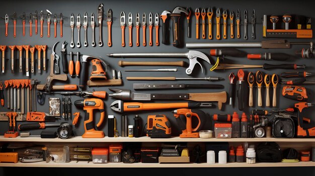 A photo of construction tools neatly organized