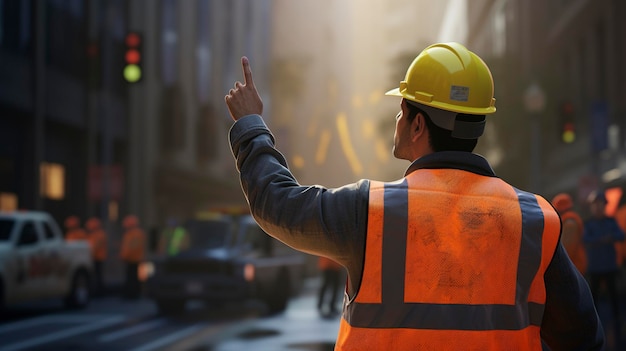 A photo of a construction worker directing traffic