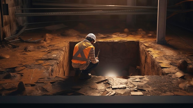 A photo of a construction worker inspecting a foundation