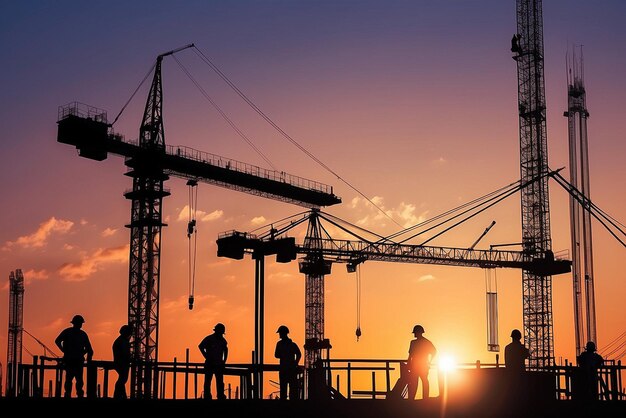 photo construction workers at sunset