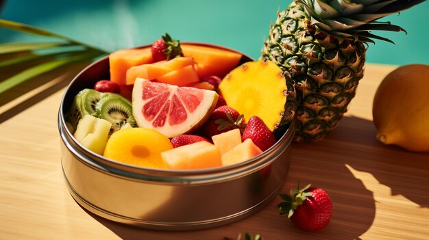 A photo of a container with a mix of tropical fruits including mango pineapple and coconut