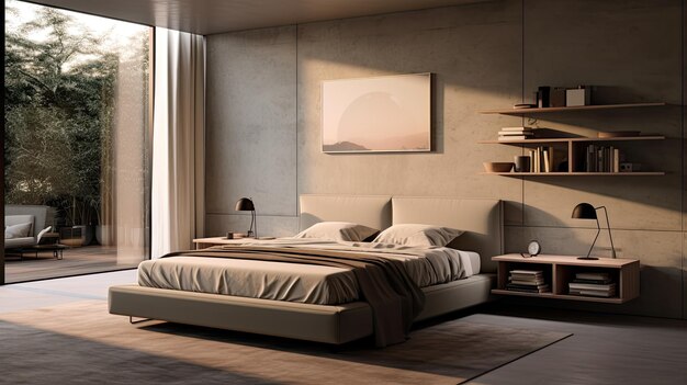 Photo a photo of a contemporary bedroom with a low platform bed industrial decor