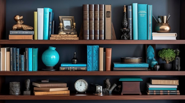 A Photo of Contemporary Bookshelf with Displayed Books and Decorative Items