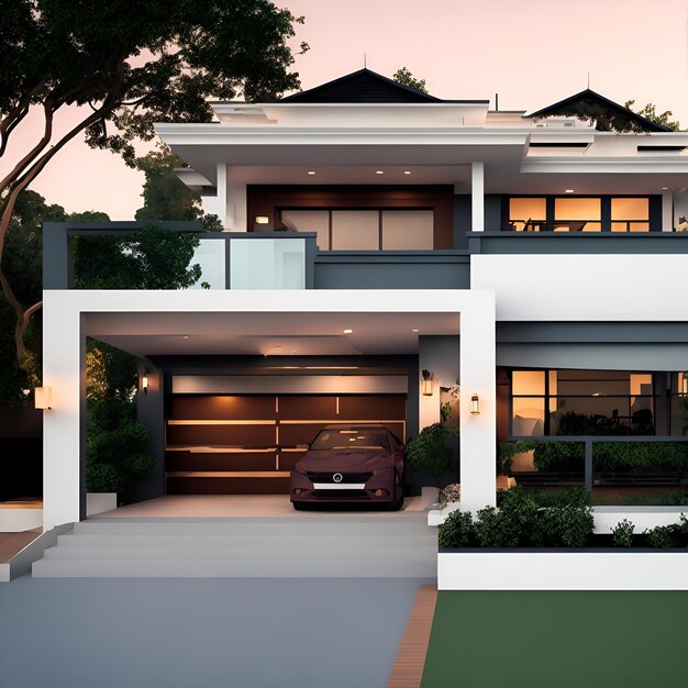 Photo of a contemporary home with a parked car in the driveway created AI