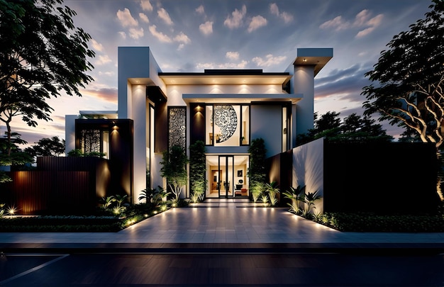 Photo of a contemporary house illuminated by numerous lights