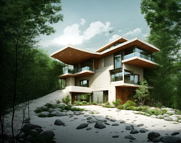 Photo of a contemporary house nestled in a lush forest setting